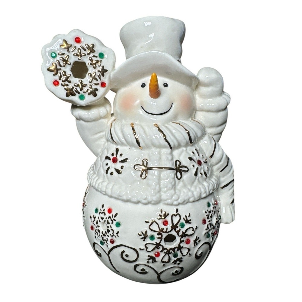 Snowman Ceramic Candle Holder Christmas Tealight‎ Luminary Holiday Décor 8"